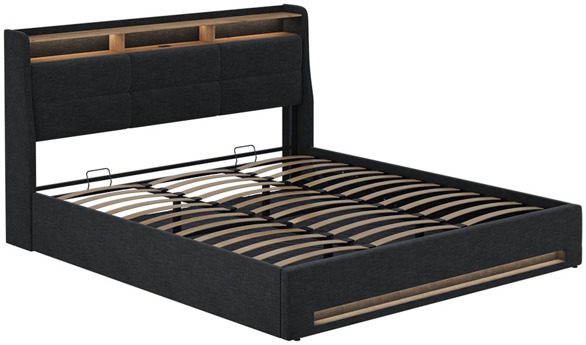 Vitalispa Christin Gestoffeerd bed – 180x200 met LED en USB-poort Antraciet/eiken