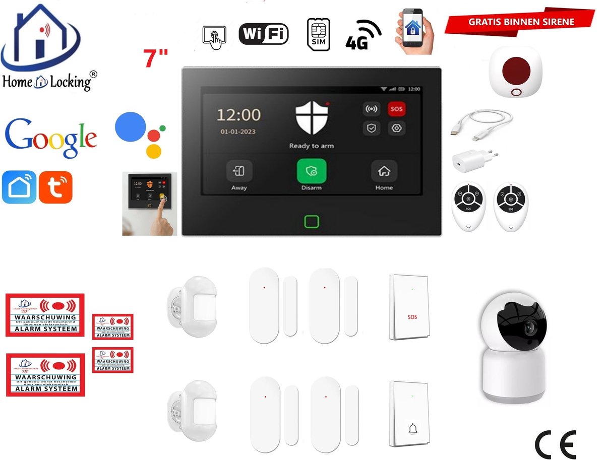 Draadloos / bedraad alarmsysteem met 7-inch touchscreen voor woning/camper/boot/caravan werkt met wifi en sim kaart en met spraakgestuurde apps. (Nederlands of Frans stem en tekst). ST01B-A5