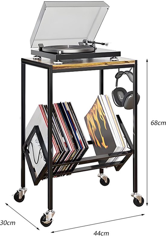 Luxaliving Platenspeler Tafel met Wielen – Vinyl & LP Rek – Zwart/Hout – LP Opbergsysteem – 33×44×68 cm