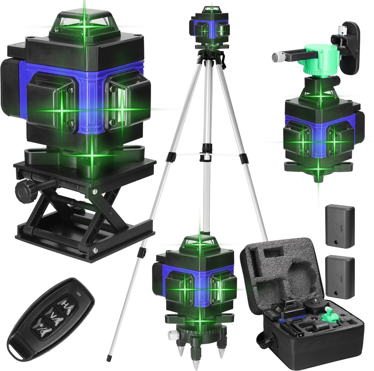 Multifunctionele 4D 16-Lijn Laser Waterpas – LCD Scherm – Zelfnivellerend ±3° – Afstandsbediening & APP Bediening – Verstelbare Helderheid – Oplaadbare Batterijen met Lader – 1,2m Statief – Heftafel – Complete Accessoireset