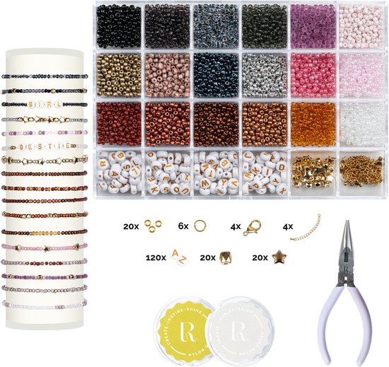 RICHLY® Luxe Kralenset - Sieraden maken voor meisjes & dames - Bruin, Goud & Herfstkleuren - Met Letterkralen, Gouden Spacer Beads, Instructieboekje & Luxe Verpakking