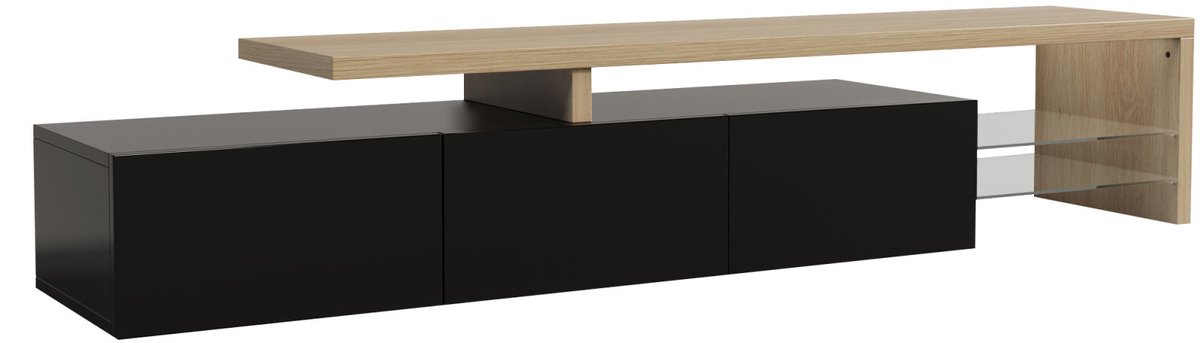 CINK Home® – Moderne TV-meubel 200×39×42 cm met LED-verlichting – Zwart/Houtkleur – Moderne Woonkamerkast met 3 Kasten & Glazen Planken – Mediameubel