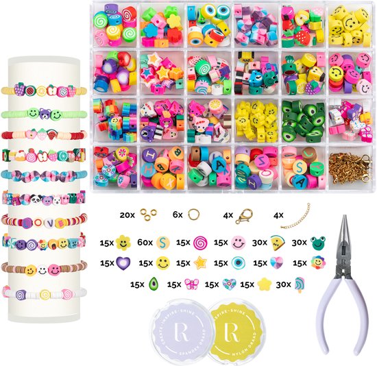 RICHLY® Kralen set Happy - Sieraden armbandjes maken meisjes - Complete beginnerset - incl. Instructieboekje - Knutselen Meisjes - Met 17 soorten figuur-polymeerkralen (smiley’s, hartjes & meer) - Kralenketting