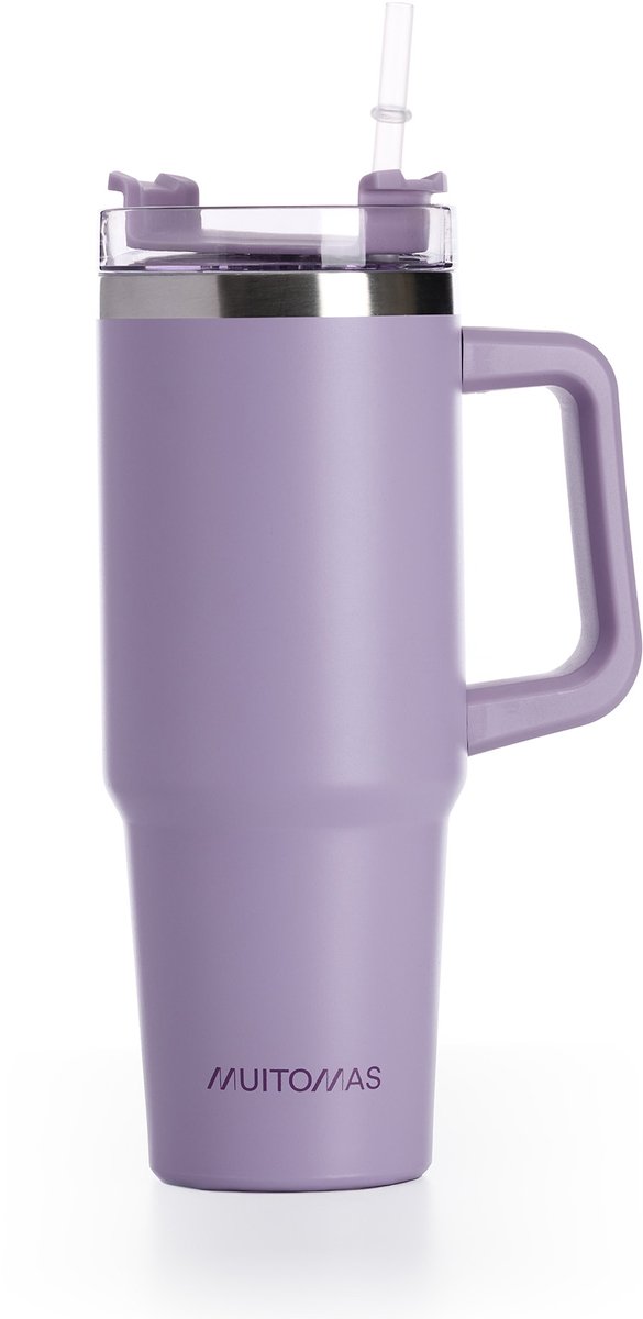 Muitomas Reismok - Travel Mug - Dubbele geïsoleerde wand - Praktisch rietje & handvat - 900ml - Violet