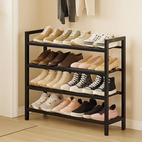 Étagère à chaussures BOTC - 4 niveaux - Meuble à chaussures - 90 x 25 x 58 cm - Pour plus de 16 paires de chaussures - Métal - Zwart