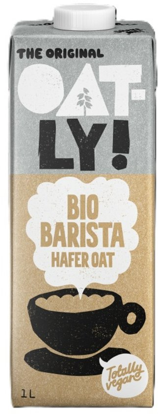 Oatly haverdrank pak met opdruk 'Oatly!', 'Bio Barista Hafer Oat', 'Totally vegan' en een koffiekopje.