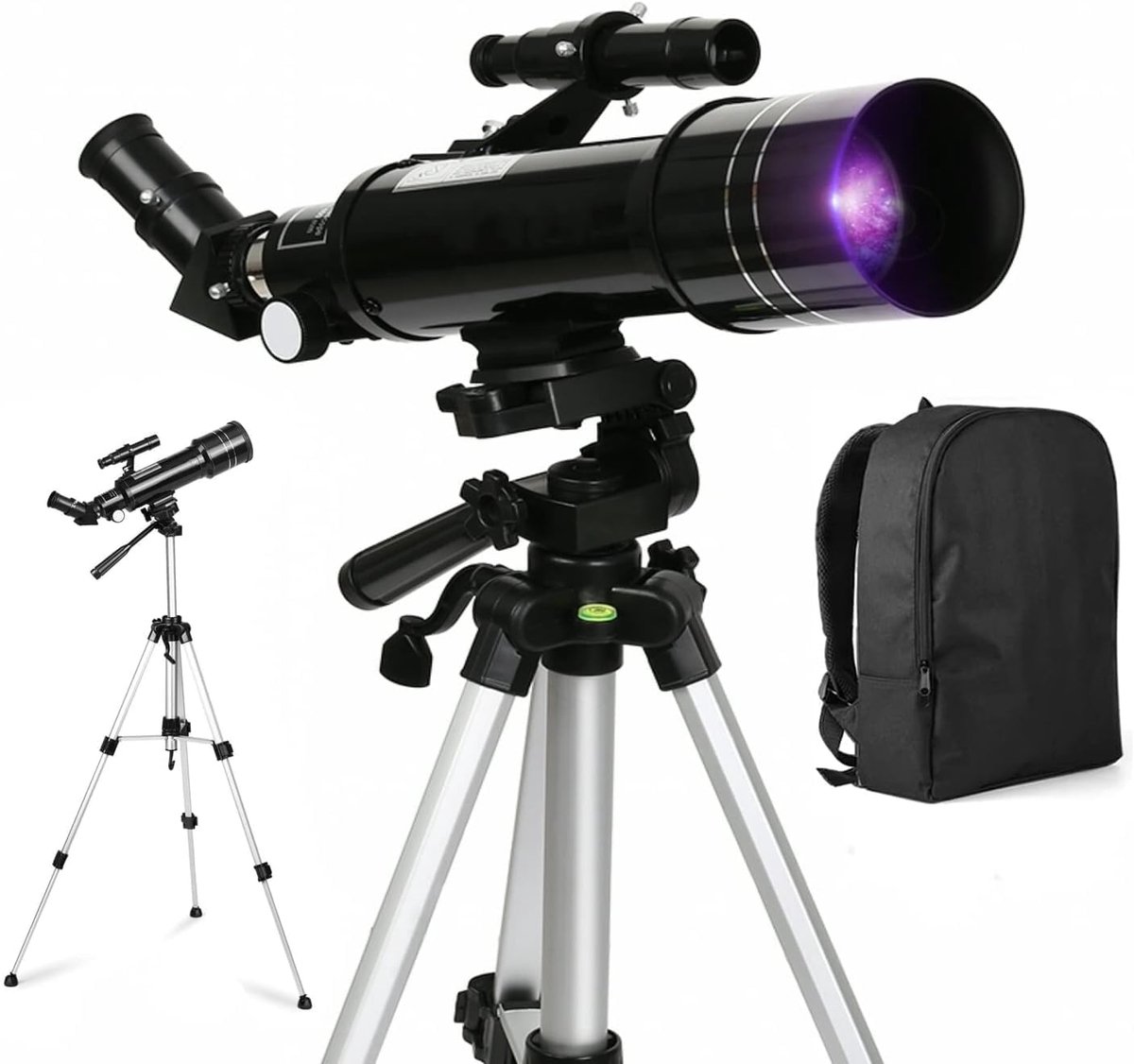 Telescoop met 6 mm en 25 mm Kellner-oculairs, F40070M astronomische reflectortelescoop met in hoogte verstelbaar aluminium statief en rugzak, kan kraters zien op het oppervlak van de maan