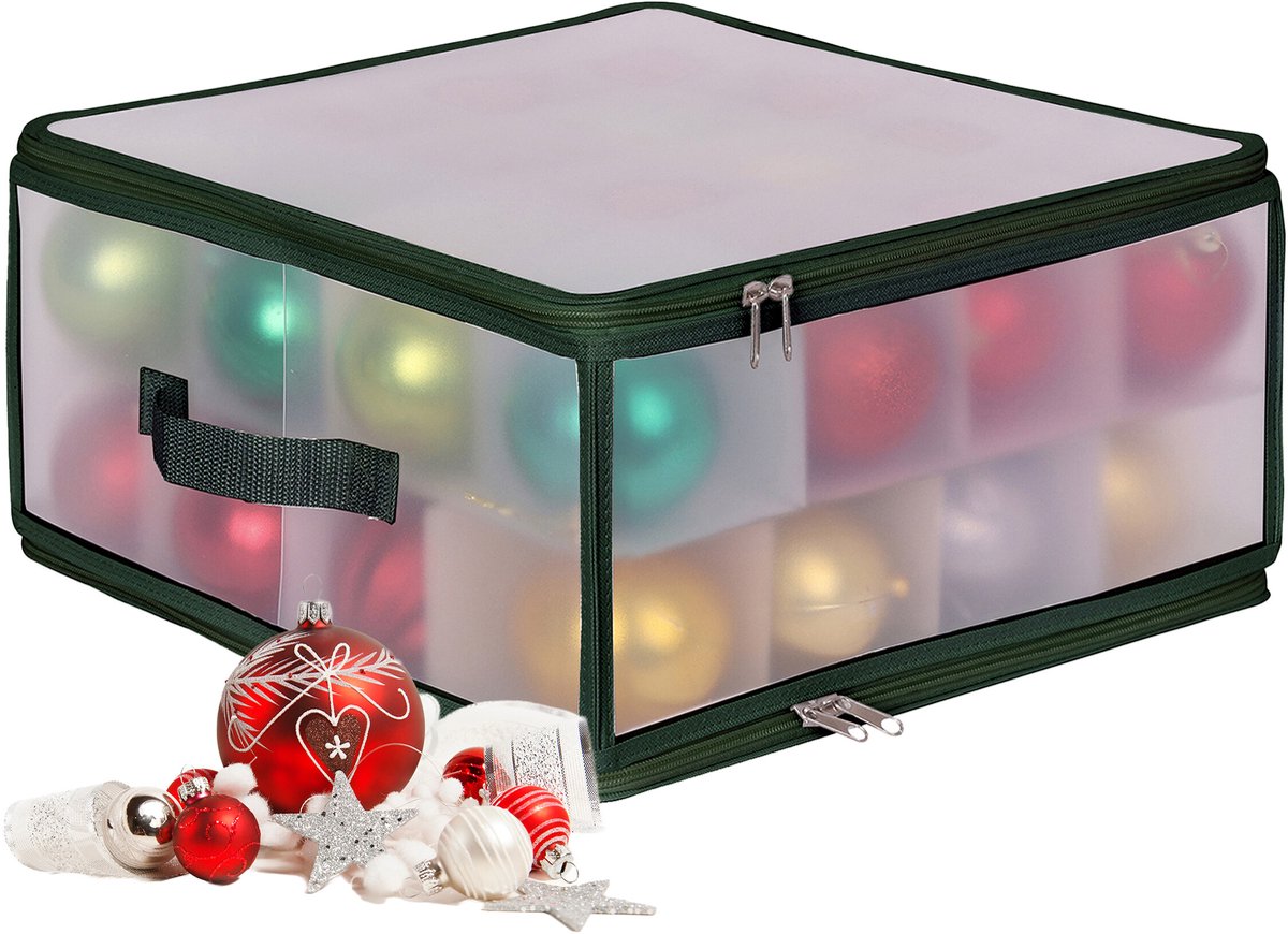 Kerstballen opbergbox - voor 32 ballen - kunststof - transparant-groen