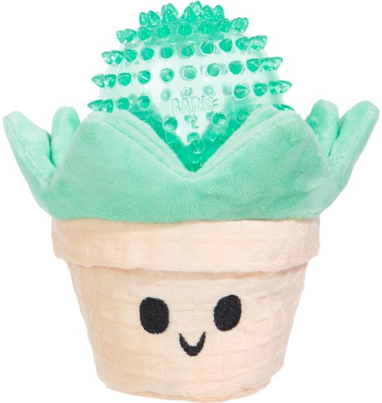 Pluche cactus in een pot met een glimlachend gezicht en een doorzichtige, stekelige groene bal met 'BARK' tekst.