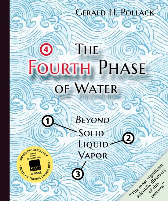 Couverture de livre intitulée "The Fourth Phase of Water" sur un fond bleu ondulé.