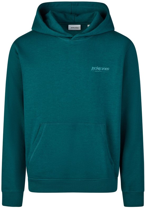 Groene hoodie met capuchon, kangoeroezak en subtiel Jack & Jones logo op de borst. Wit Jack & Jones label zichtbaar in de nek.