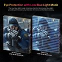 Twee schermen tonen een man in militaire kleding met een wapen. Links "No Flickering LOW-BLUE MODE ON", rechts "Flickering LOW-BLUE MODE OFF".