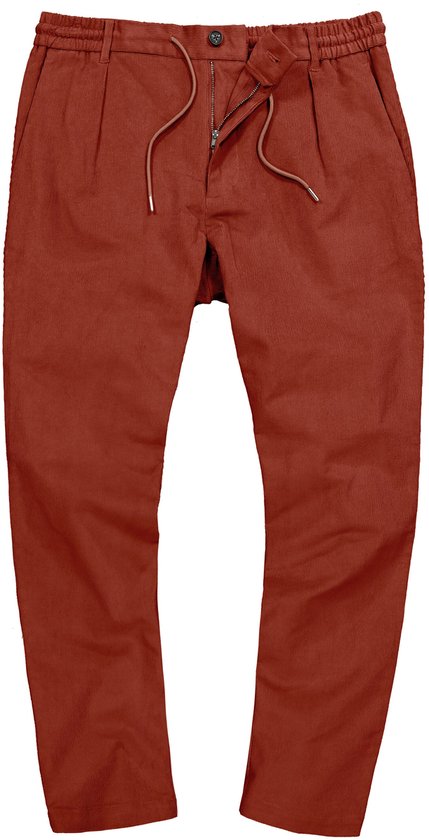 Baksteenbruine corduroy broek met trekkoord en rits, met plooien aan de voorkant.