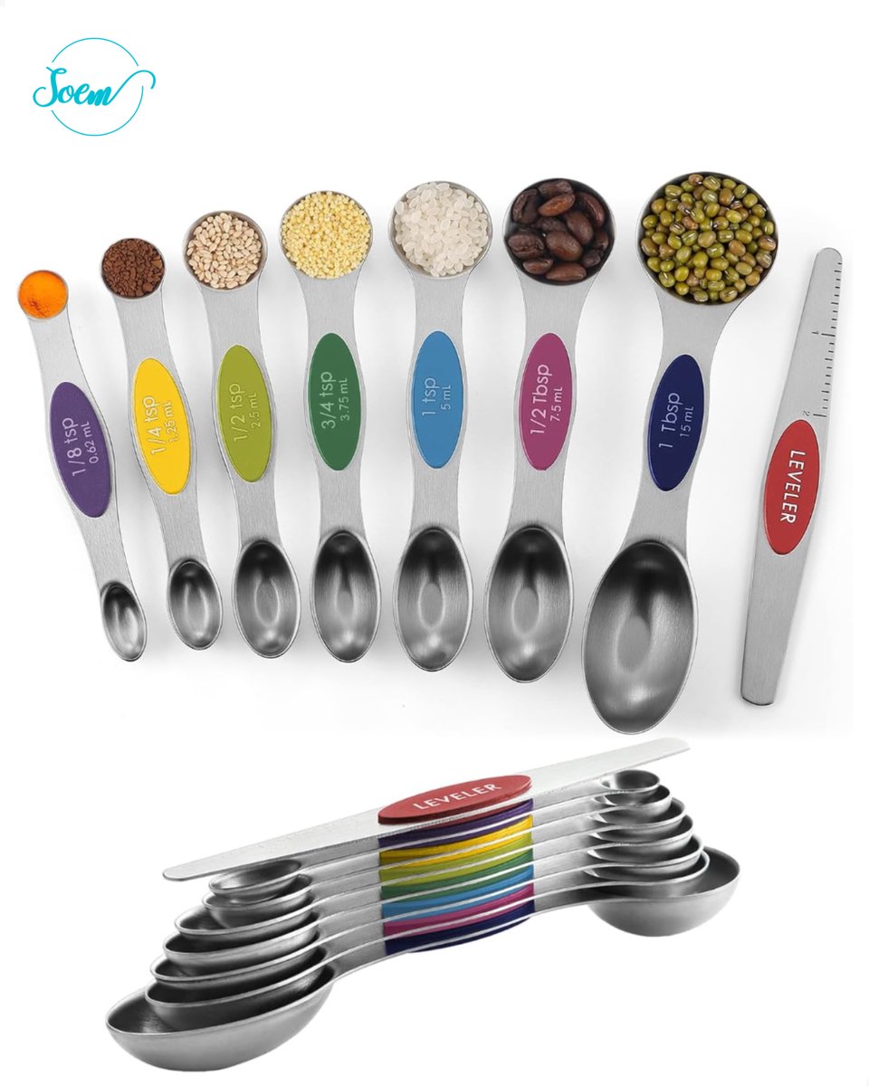 SOEM© Luxe Magnetische Maatlepels 8-delige set RVS voor Vaste en Vloeibare Stoffen