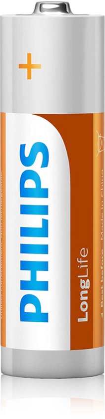 Philips LongLife AA batterij met oranje en blauwe accenten en een plusteken.