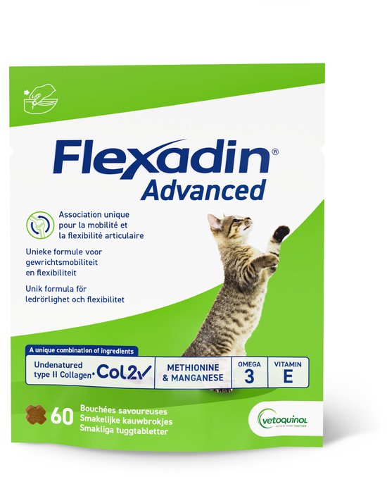 Flexadin Advanced verpakking met een kat erop afgebeeld, 60 kauwbrokjes.