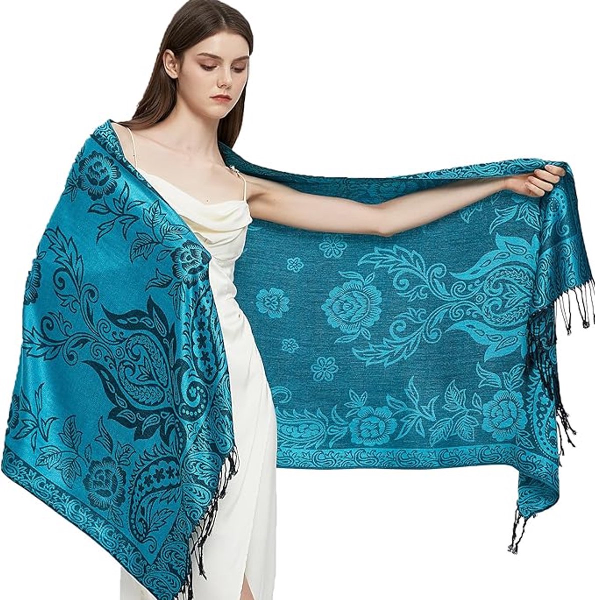 Pashmina sjaal wrap met etnische paisley Two Tone Jacquard sjaal voor dames - lengte 180 cm met franjes (10 cm franjes aan elke kant), breedte: 60 cm - Paisley-blauw
