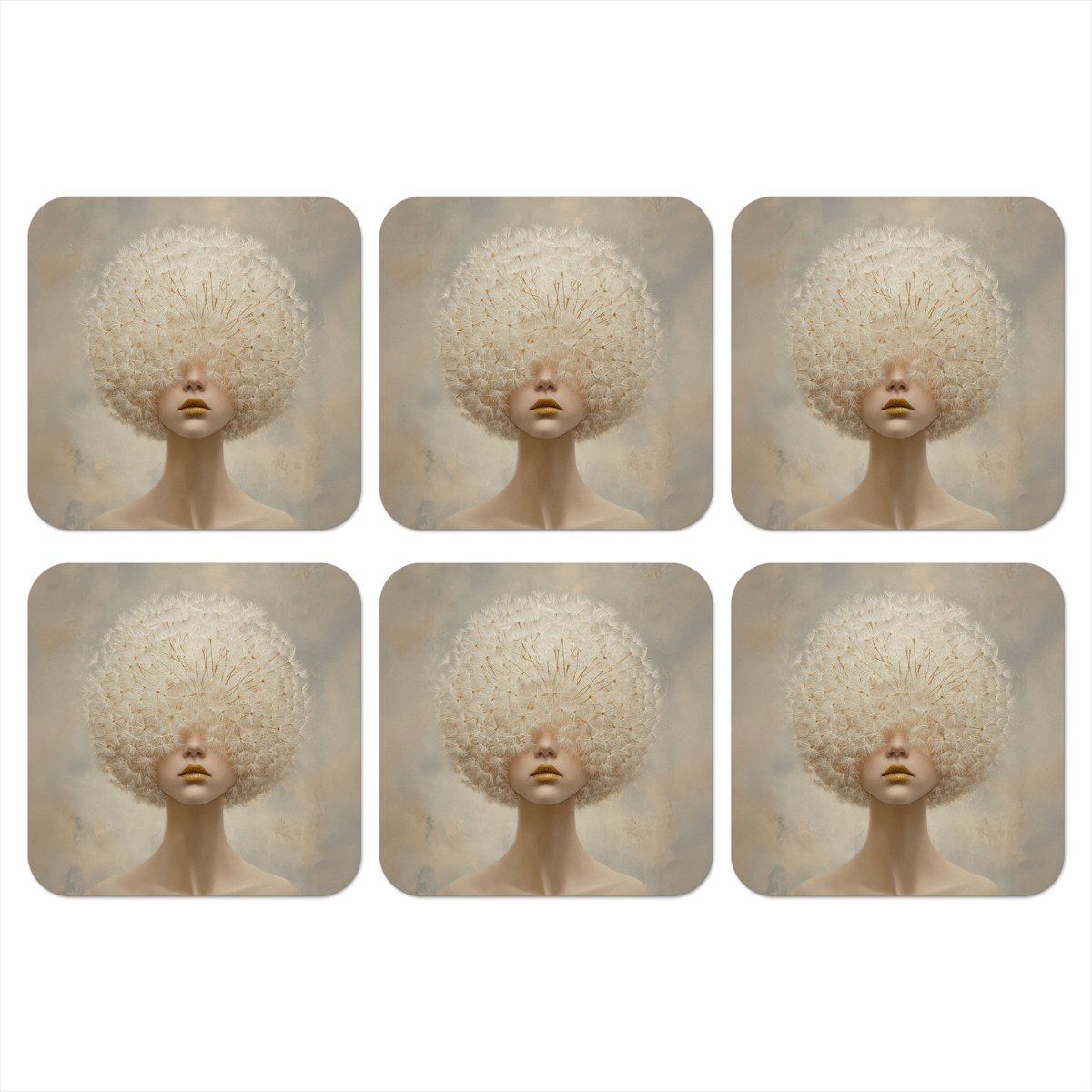 Onderzetters voor glazen - Dromerig - Beige - Paardenbloemzaadjes - 10x10 cm - Glasonderzetters - 6 stuks