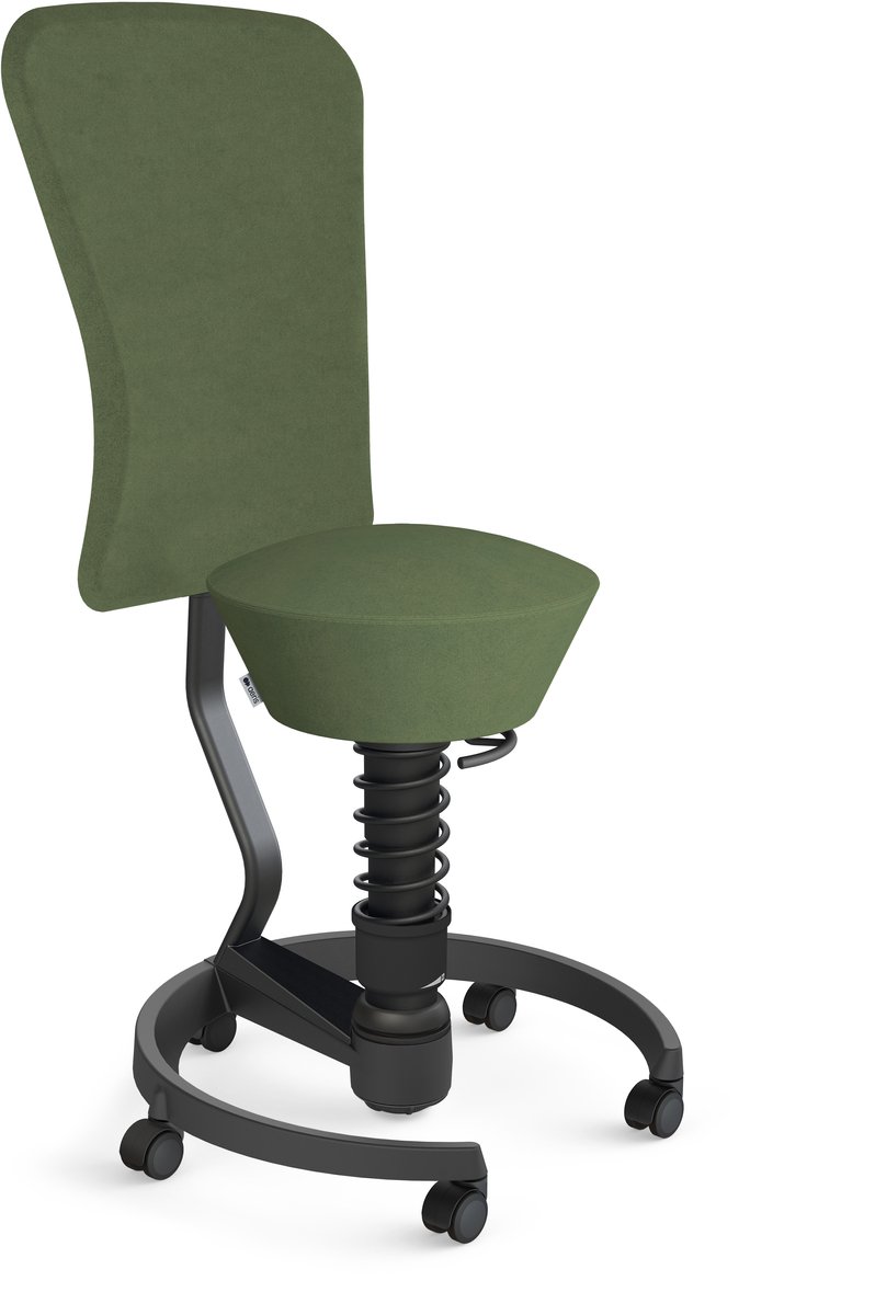 Aeris Swopper with backrest footring with castors (hard floor), black spring strut type: standard, black, spring black seat cover: microfibre Comfort (Gabriel), green backrest pole: black, backrest cover: microfibre Comfort (Gabriel), green