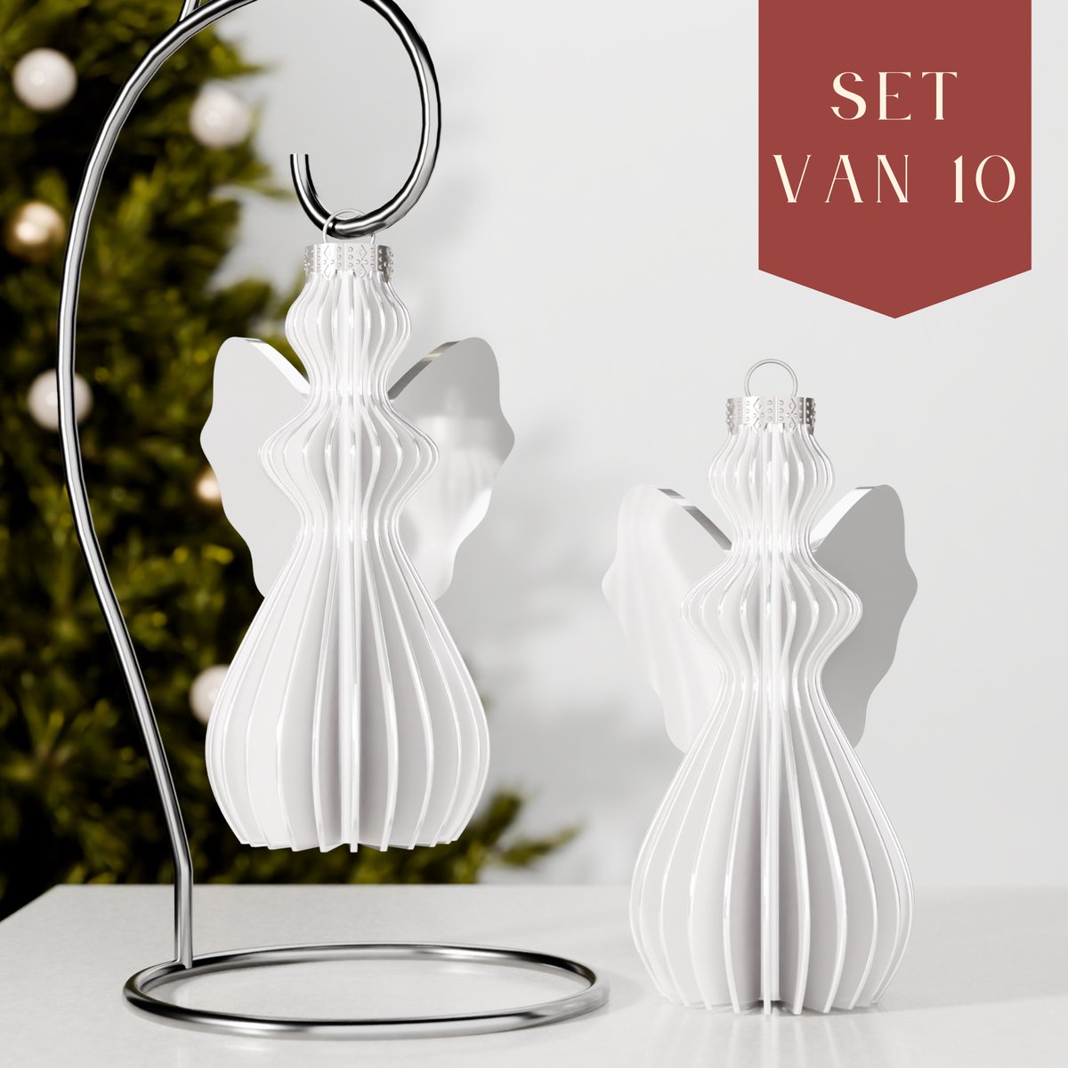 Fleuriek – Luxe kerstbal engel – Glanzend Wit, 10 stuks – Onbreekbare kunststof kerstornamenten – Engelvormige kerstballen, chique kerstdecoratie