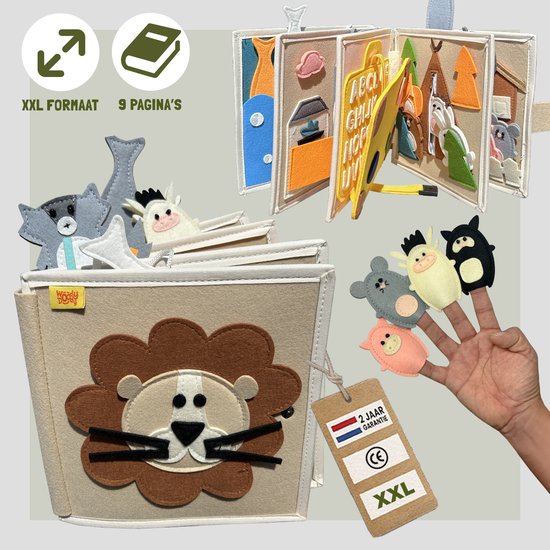 WoodyDoody Motoriek Dieren LEEUW Leerboek XXL EXTRA GROTE UITVOERING en 10 PAGINA'S - Educatief Spel Peuters – Baby Boek voor Thuis en Onderweg - Sensorisch Speelgoed Babyshower Cadeau - Montessori Boerderij Busy Book - Activiteiten Boek Boerderij