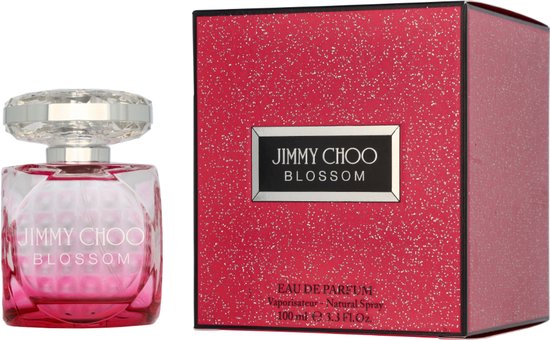 Jimmy Choo Blossom Eau de Parfum 100 ml met rode, sprankelende doos en glazen fles.