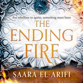 Boekomslag van The Ending Fire van Saara El-Arifi. Zwart, wit en oranje met vlammen en een gouden medaillon.