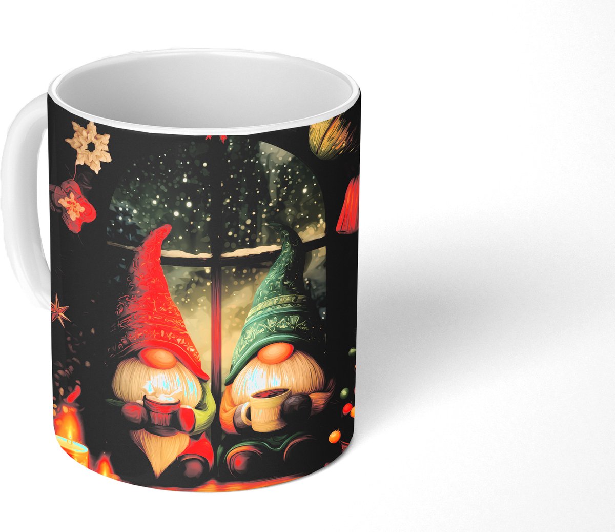 Mok - Koffiemok - Gnooms - Kerst - Raam - Kleurrijk - Mokken - 350 ML - Beker - Koffiemokken - Theemok