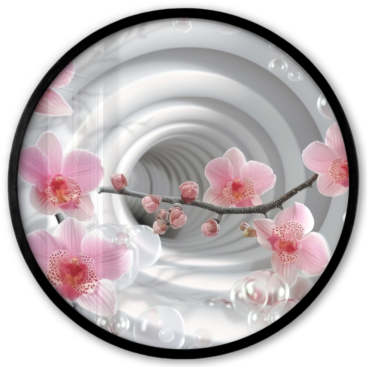FrameYourWall Poster in lijst Rond - Fotolijst 40x40 cm - Posters - Bloemen - Tunnel - Abstact - 3D effect - Ronde posterlijst zwart - Decoratie - Wanddecoratie woonkamer - Muurdecoratie slaapkamer Abstract - Orchidee