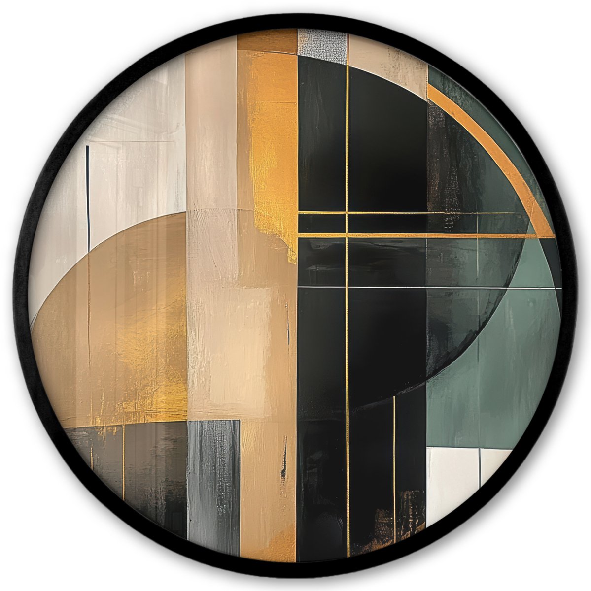 FrameYourWall Poster in lijst Rond - Fotolijst 40x40 cm - Posters - Abstract - Goud - Brons - Groen - Vormen - Modern - Ronde posterlijst zwart - Decoratie - Wanddecoratie woonkamer - Muurdecoratie slaapkamer Abstracte vormen