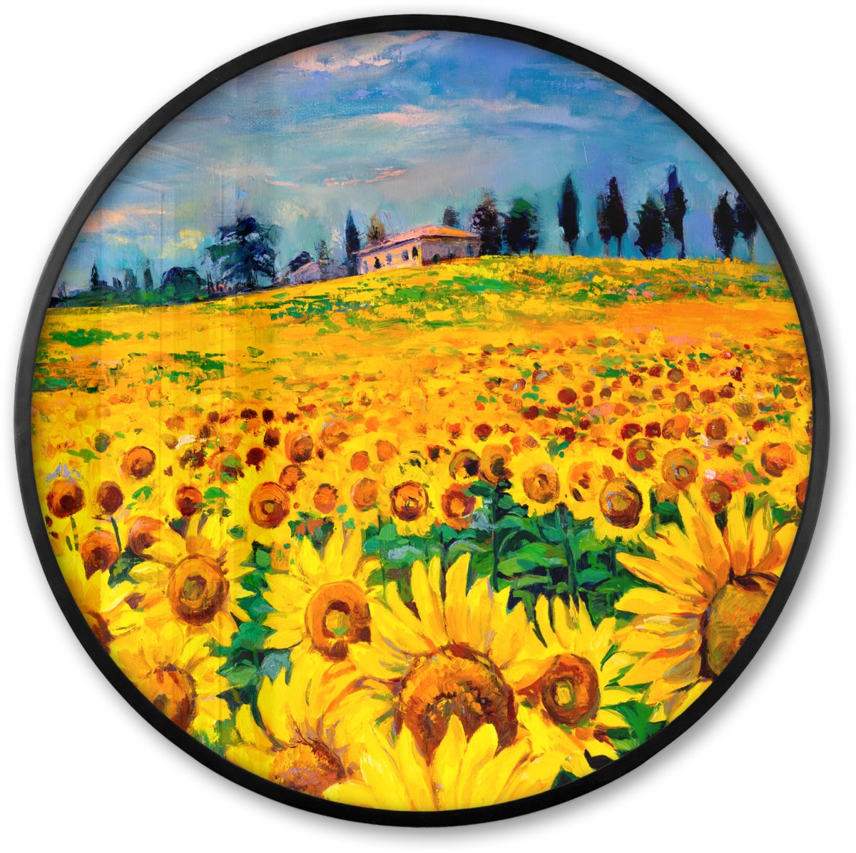 FrameYourWall Poster in lijst Rond - Fotolijst 80x80 cm - Posters - Olieverf - Schilderij - Bloemen - Zonnebloem - Ronde posterlijst zwart - Decoratie - Wanddecoratie woonkamer - Muurdecoratie slaapkamer Multicolor