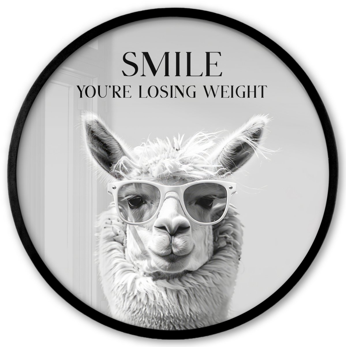FrameYourWall Poster in lijst Rond - Fotolijst 40x40 cm - Posters - Quotes - Lama - Smile - Spreuken - Grijs - Ronde posterlijst zwart - Decoratie - Wanddecoratie woonkamer - Muurdecoratie slaapkamer
