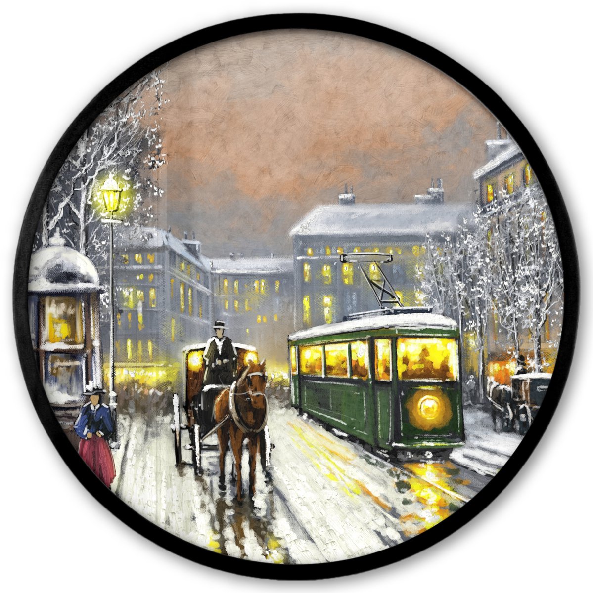 FrameYourWall Poster in lijst Rond - Fotolijst 40x40 cm - Posters - Schilderij - Olieverf - Winter - Tram - Paard - Ronde posterlijst zwart - Decoratie - Wanddecoratie woonkamer - Muurdecoratie slaapkamer Multicolor
