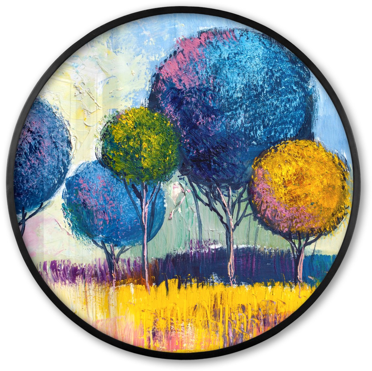 FrameYourWall Poster in lijst Rond - Fotolijst 60x60 cm - Posters - Schilderij - Olieverf - Boom - Natuur - Ronde posterlijst zwart - Decoratie - Wanddecoratie woonkamer - Muurdecoratie slaapkamer Multicolor