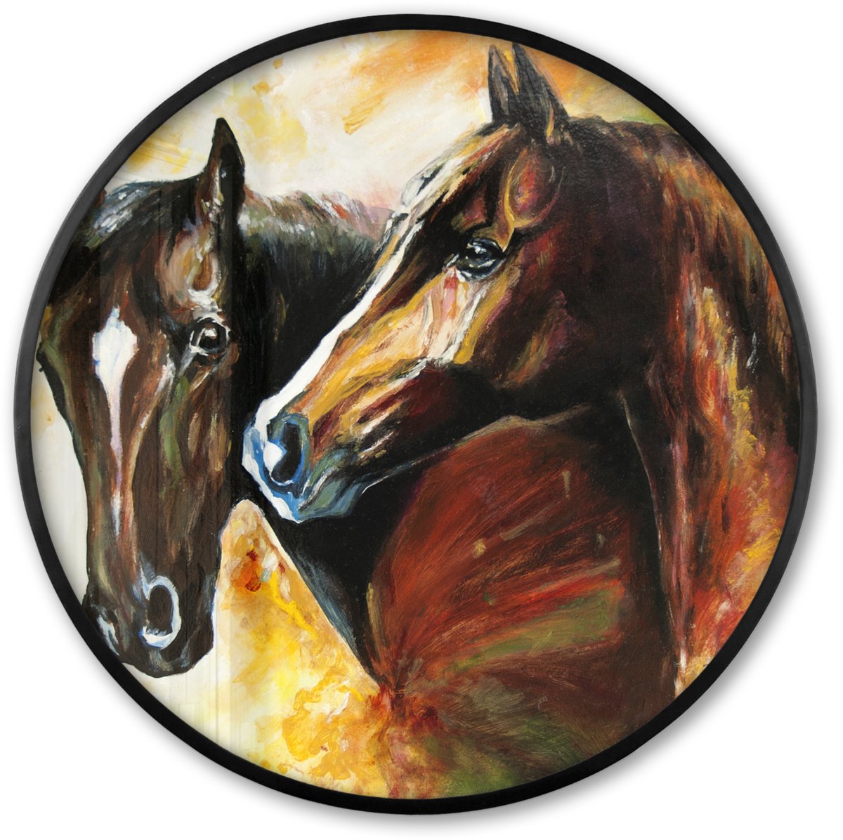 FrameYourWall Poster in lijst Rond - Fotolijst 60x60 cm - Posters - Schilderij - Paarden - Dieren - Olieverf - Ronde posterlijst zwart - Decoratie - Wanddecoratie woonkamer - Muurdecoratie slaapkamer Multicolor