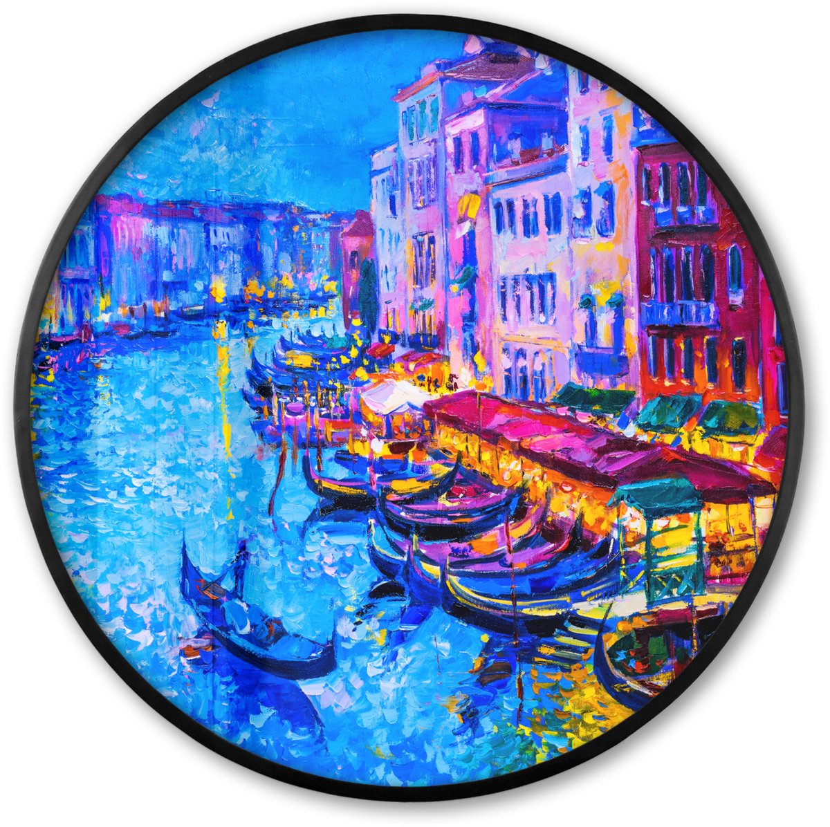 FrameYourWall Poster in lijst Rond - Fotolijst 60x60 cm - Posters - Schilderij - Italië - Boot - Water - Architectuur - Ronde posterlijst zwart - Decoratie - Wanddecoratie woonkamer - Muurdecoratie slaapkamer Multicolor