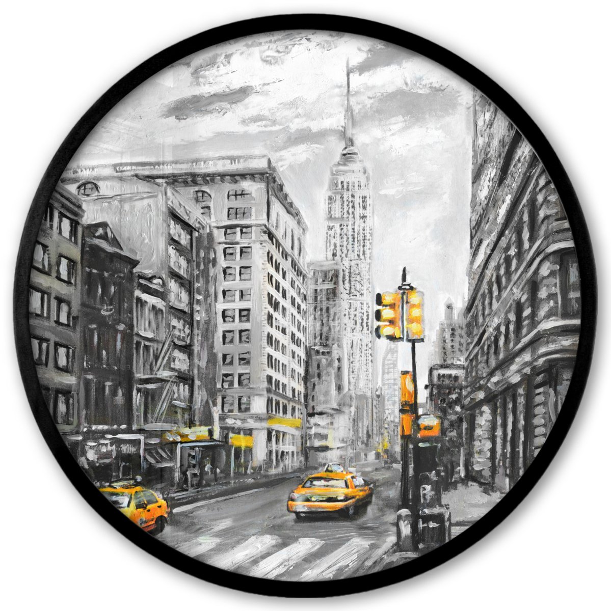 FrameYourWall Poster in lijst Rond - Fotolijst 40x40 cm - Posters - Schilderij - Stad - Auto - Geel - Ronde posterlijst zwart - Decoratie - Wanddecoratie woonkamer - Muurdecoratie slaapkamer New York - Geel