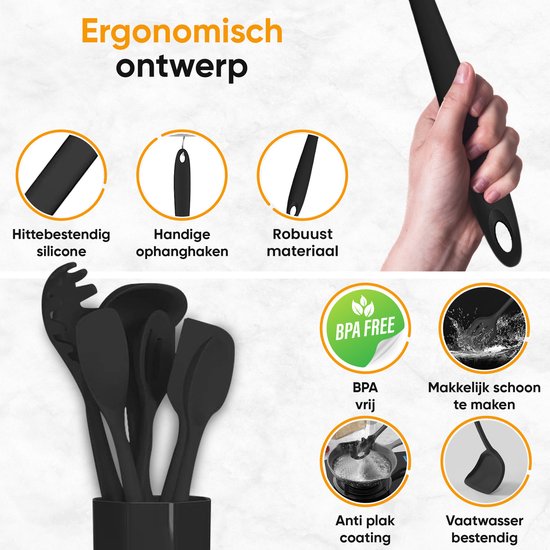 STREX ustensiles de cuisine Set avec support 15 Strex - résistant à la chaleur / BPA / Siliconen - Outils de Cuisine