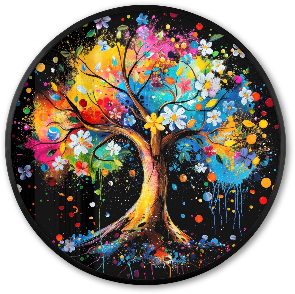 FrameYourWall Poster in lijst Rond - Fotolijst 60x60 cm - Posters - Boom - Kleurrijk - Bloemen - Zwart - Ronde posterlijst zwart - Decoratie - Wanddecoratie woonkamer - Muurdecoratie slaapkamer
