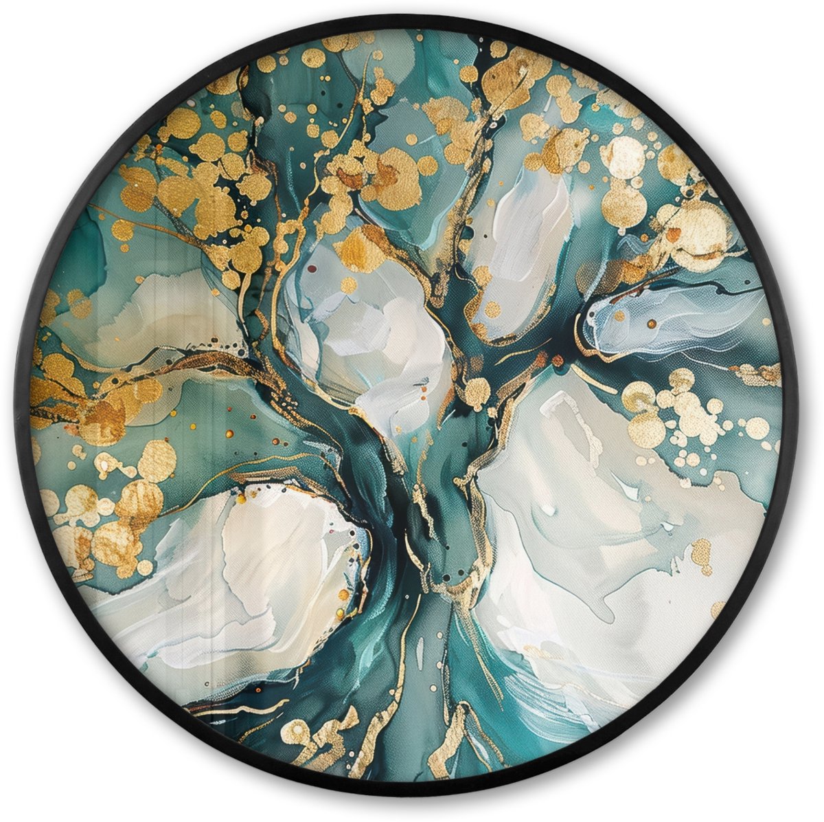 FrameYourWall Poster in lijst Rond - Fotolijst 80x80 cm - Posters - Boom - Modern - Verflook - Turquoise - Goud - Ronde posterlijst zwart - Decoratie - Wanddecoratie woonkamer - Muurdecoratie slaapkamer