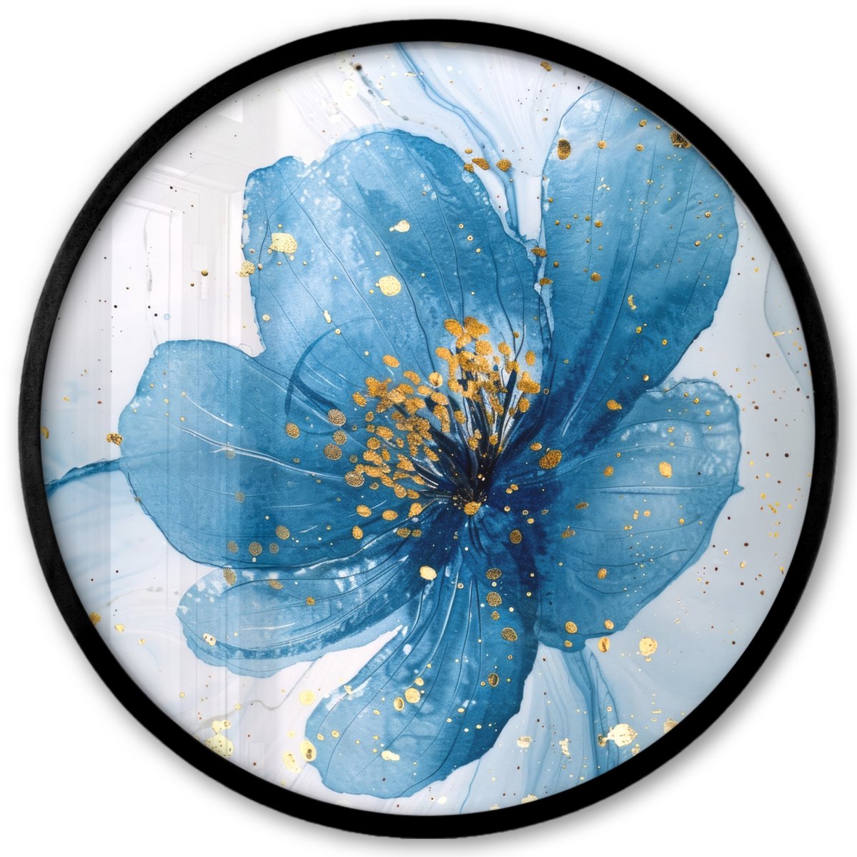 FrameYourWall Poster in lijst Rond - Fotolijst 40x40 cm - Posters - Bloemen - Blauw - Goud - Watercolor - Modern - Ronde posterlijst zwart - Decoratie - Wanddecoratie woonkamer - Muurdecoratie slaapkamer