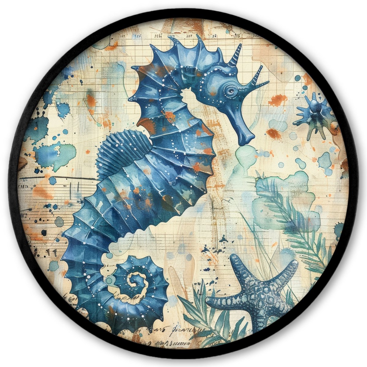 FrameYourWall Poster in lijst Rond - Fotolijst 40x40 cm - Posters - Vintage - Zeedieren - Zeepaardje - Watercolor - Blauw - Ronde posterlijst zwart - Decoratie - Wanddecoratie woonkamer - Muurdecoratie slaapkamer