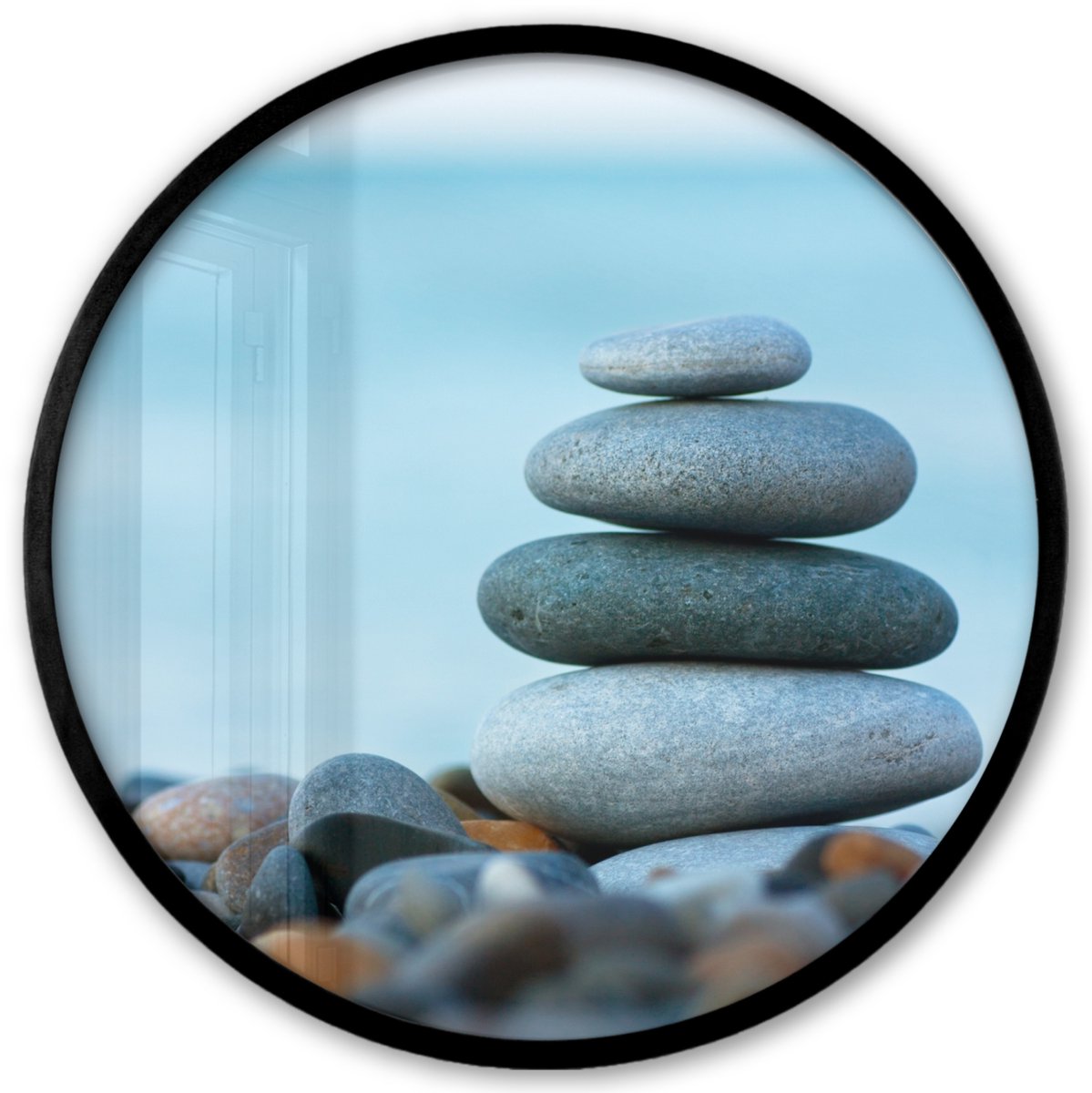 FrameYourWall Poster in lijst Rond - Fotolijst 40x40 cm - Posters - Stenen - Landschap - Zee - Zen - Ronde posterlijst zwart - Decoratie - Wanddecoratie woonkamer - Muurdecoratie slaapkamer Strand