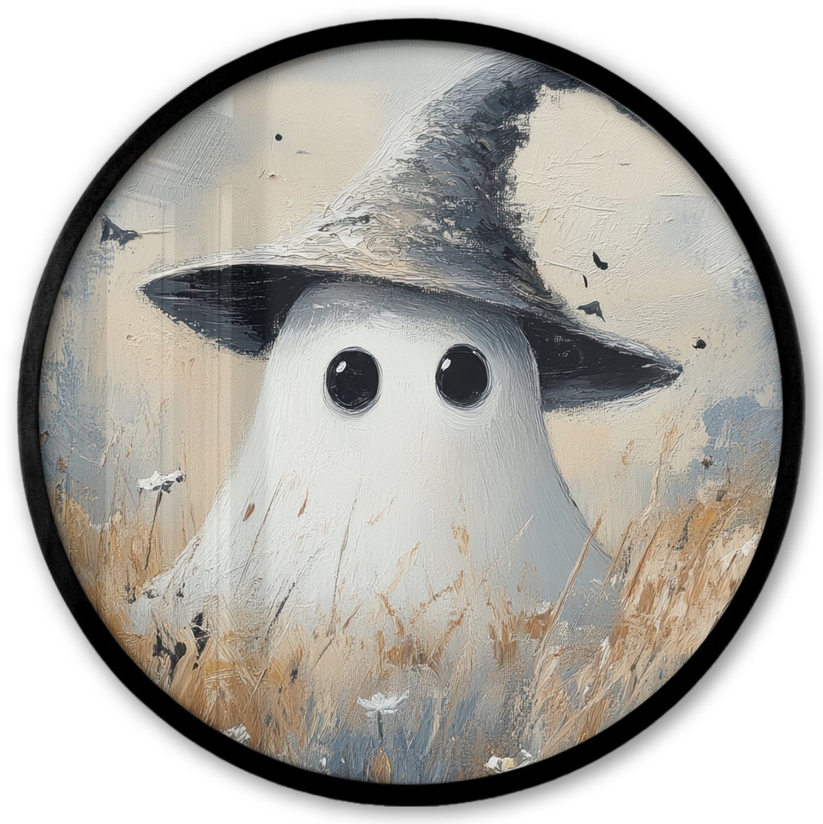 FrameYourWall Poster in lijst Rond - Fotolijst 40x40 cm - Posters - Halloween - Spook - Heksenhoed - Abstract - Grijs - Ronde posterlijst zwart - Decoratie - Wanddecoratie woonkamer - Muurdecoratie slaapkamer
