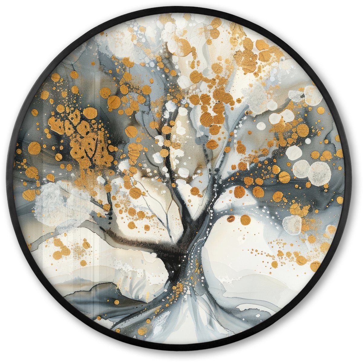 FrameYourWall Poster in lijst Rond - Fotolijst 60x60 cm - Posters - Boom - Modern - Abstract - Goud - Zwart - Wit - Ronde posterlijst zwart - Decoratie - Wanddecoratie woonkamer - Muurdecoratie slaapkamer