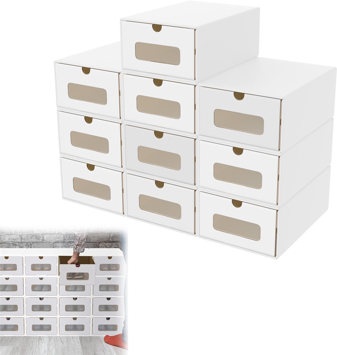 10er Stapelbaar Doosenset – Schuifkastdoos Met Zichtvenster Uit Krachtpapier, Schoen- En Speelgoeddoos Voor De Opberging Van Accessoires, 23,5 X 34,5 X 13,5 Cm - Wit