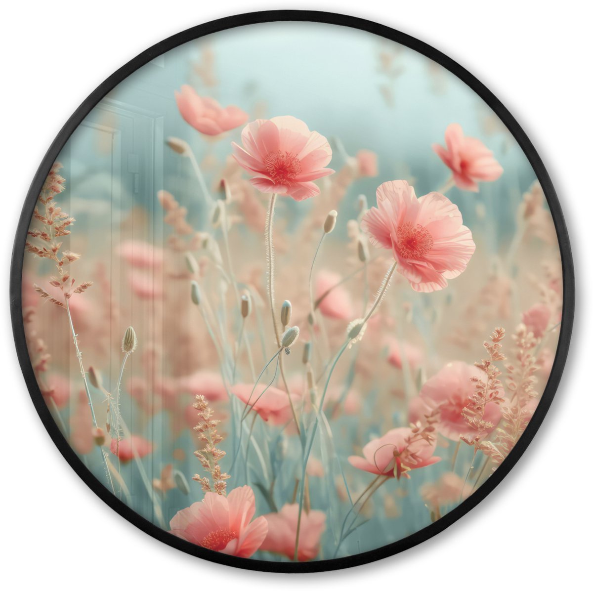 FrameYourWall Poster in lijst Rond - Fotolijst 60x60 cm - Posters - Bloemen - Natuur - Klaprozen - Bloemenveld - Ronde posterlijst zwart - Decoratie - Wanddecoratie woonkamer - Muurdecoratie slaapkamer