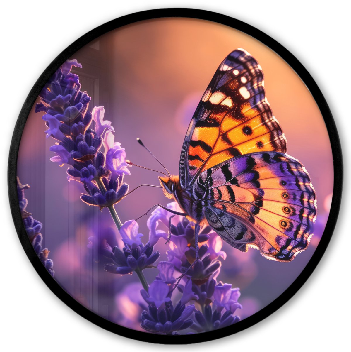 FrameYourWall Poster in lijst Rond - Fotolijst 40x40 cm - Posters - Bloemen - Vlinder - Lavendel - Bloem - Natuur - Ronde posterlijst zwart - Decoratie - Wanddecoratie woonkamer - Muurdecoratie slaapkamer Bloemen - Lavendel