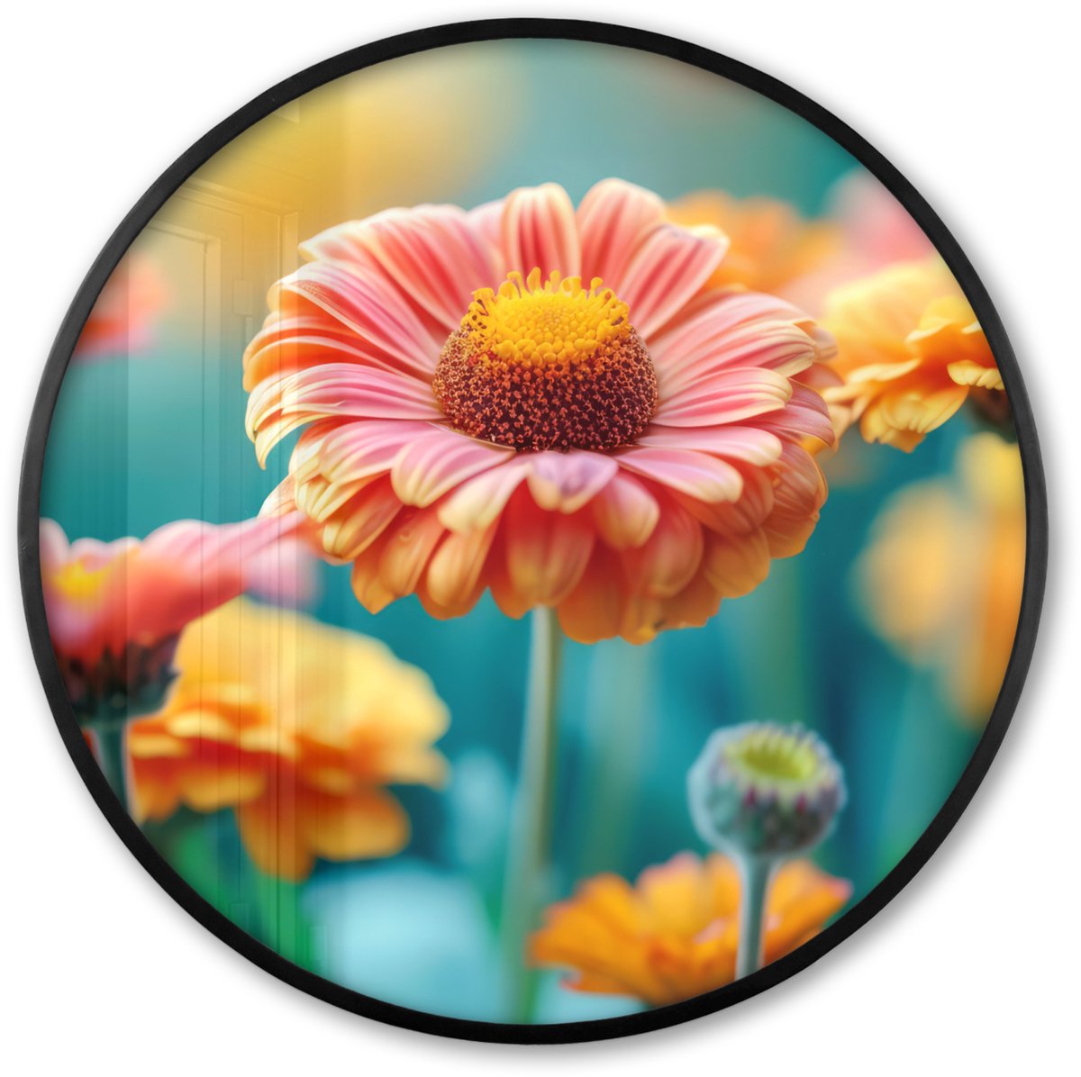 FrameYourWall Poster in lijst Rond - Fotolijst 60x60 cm - Posters - Bloemen - Kleurrijk - Natuur - Gerbera - Ronde posterlijst zwart - Decoratie - Wanddecoratie woonkamer - Muurdecoratie slaapkamer Bloemen - Gerbera