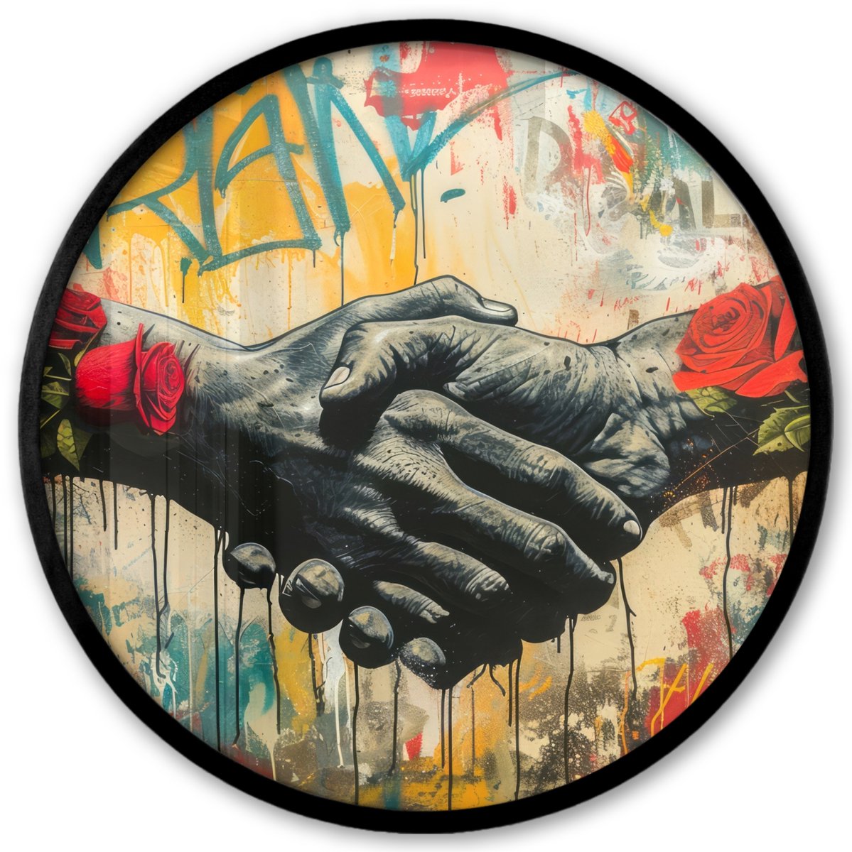 FrameYourWall Poster in lijst Rond - Fotolijst 40x40 cm - Posters - Graffiti - Rozen - Handen - Street art - Ronde posterlijst zwart - Decoratie - Wanddecoratie woonkamer - Muurdecoratie slaapkamer